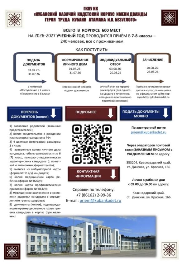 Кубанский казачий кадетский корпус имени И.В. Безуглого проводит набор кандидатов на обучение
